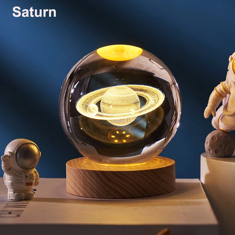 3D LED Crystal Ball – Solar System &amp; Astronaut Design, 6 cm Glass Ball Decoration for Home